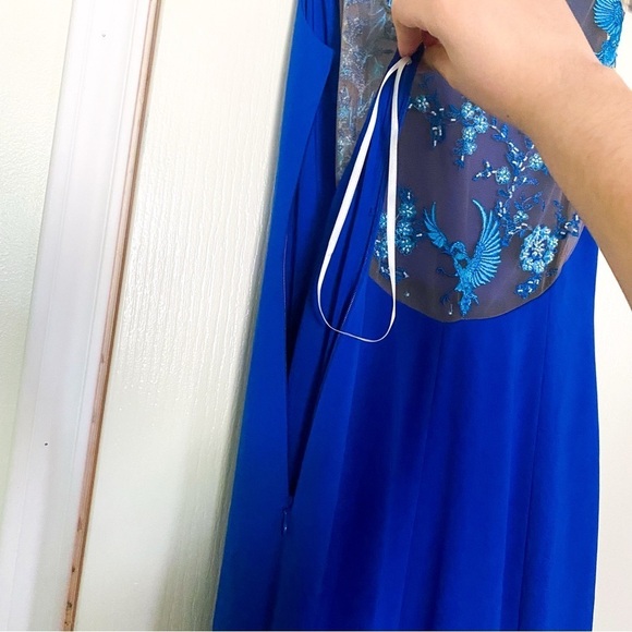 Marchesa Notte Dress Floral Bird Embroidered Mesh Mermaid Maxi Blue 4 NWT - Picture 7 of 9